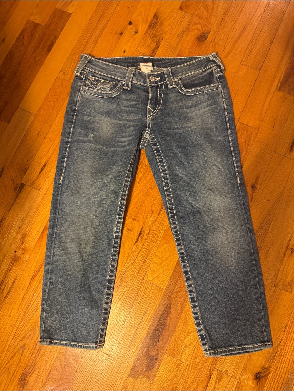 Vintage True Religion Cropped Capri Jeans Blue Thick Stitch Size 28